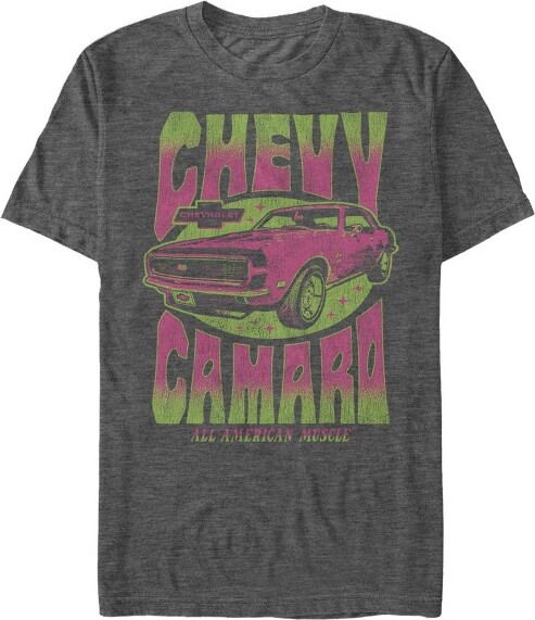 Chevrolet Men's General Motors Retro Pink and Green Chevy Camaro T-Shirt - Charcoal Heather - Medium