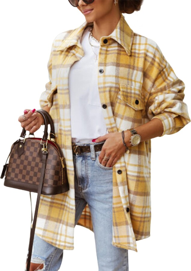 Womens Plaid Shacket Jacket Corduroy Long Sleeve Button Down Shirts Hooded Check Jacket Coat Curved Hem Warm Caots