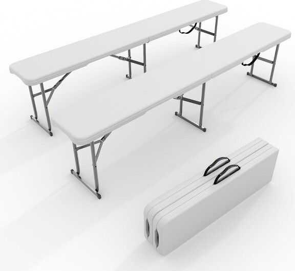 Garvee 2-Pack6ftPlasticFoldingBench–PortableOutdoorBenchforPicnics,Camping&Sports,WaterproofHDPE,Easy-CarryHandle,White