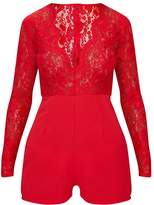 Thumbnail for your product : PrettyLittleThing White Lace Long Sleeve Plunge Playsuit