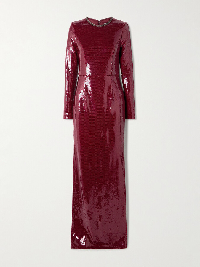 Rebecca Vallance Nero Crystal-embellished Sequinned Stretch-mesh Gown - Burgundy