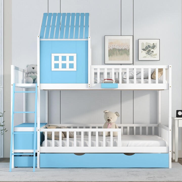 Bunk Bed with Twin Size Trundle ,Farmhouse Bed with Storage Box and
