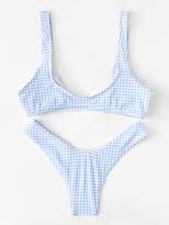 Thumbnail for your product : Shein Gingham Knot Front Top With High Leg Bikini