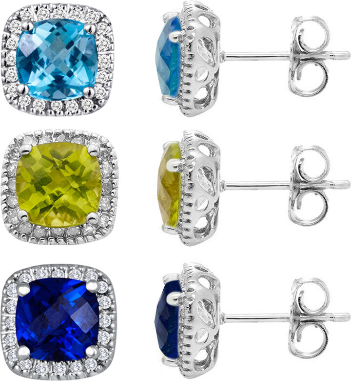 Gemstone Rings Cushion Cut Peridot and Diamond Earrings in 14k White Gold:- Peridot