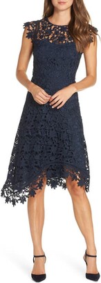 Eliza J Asymmetrical Lace Fit & Flare Dress