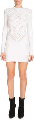 Balmain High-Neck Long-Sleeve Knit Lace Short Dress