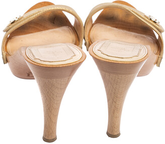 Christian Dior Gold Leather Wooden Platform Clog Slide Sandals Size 38.5