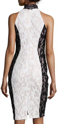 Jax Halter-Neck Paneled Lace Dress, Ivory/Black