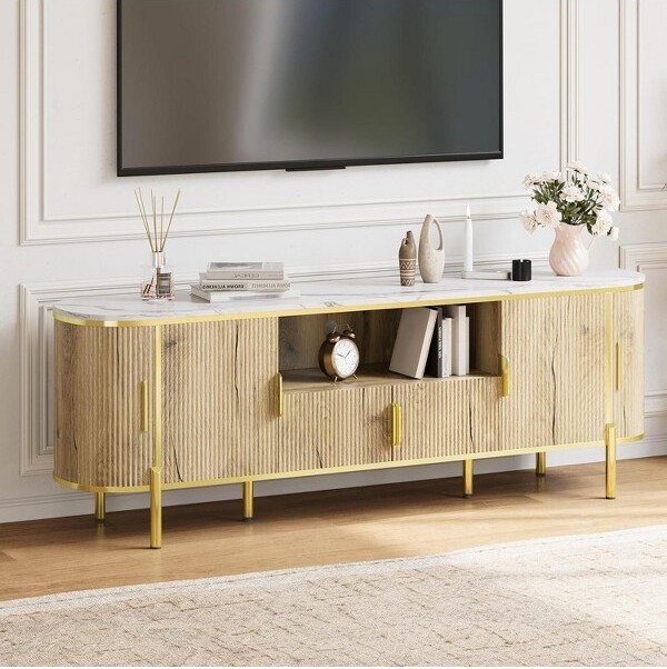 LinTimes LuxuryHomeFlutedTVStandfor80InchwithFauxMarbleTopWoodMediaConsolewithCurvedProfileSlidingDoorsforLivingRoomBeige