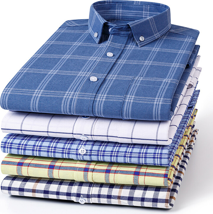 None 100%Pure Cotton Men Shirt Long-Sleeve Shirts Pocket Slim Fit Casual Oxford Plain Shirt Soft Plaid Striped Male Clothes 5XL 6XL