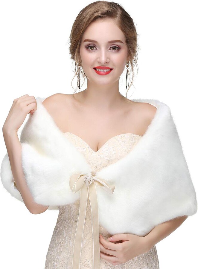 Cathercing Sither Faux Fur Shawl Wrap Stole Shrug Winter Bridal Wedding  Cover Up Women's Wedding Faux Fur Wraps and Shawls Bridal Fur Stoles Scarf  with Rhinestones Brooch for Evening Party Dresses (white) -