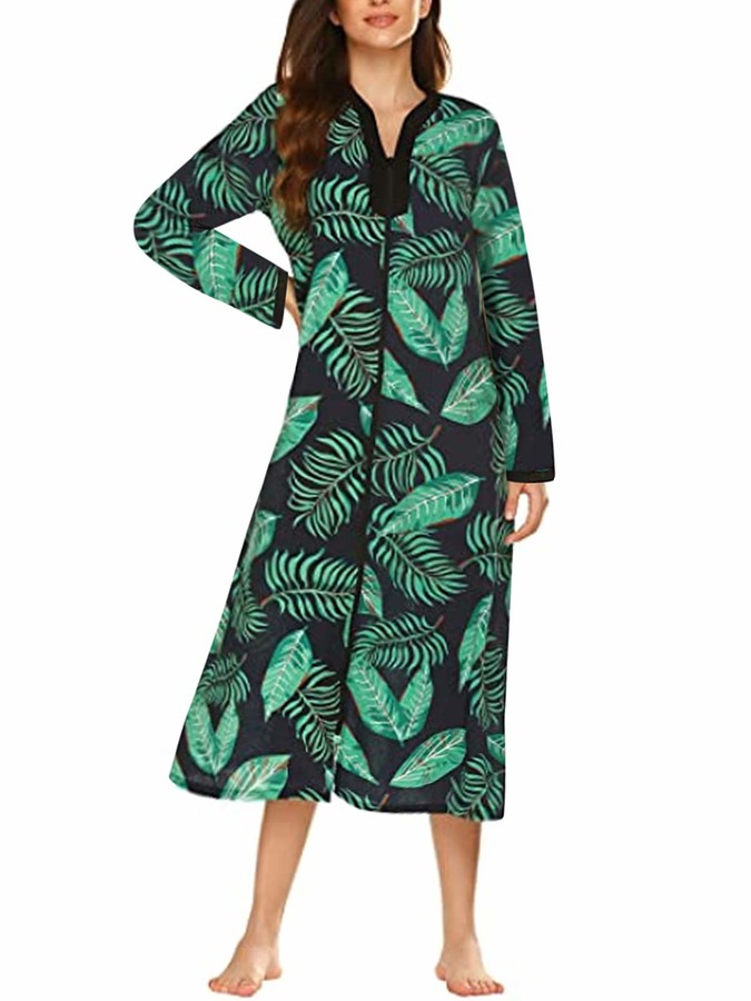 SUNNYME Ladies Zip Dressing Gown Long Sleeve Printed Nightdresses