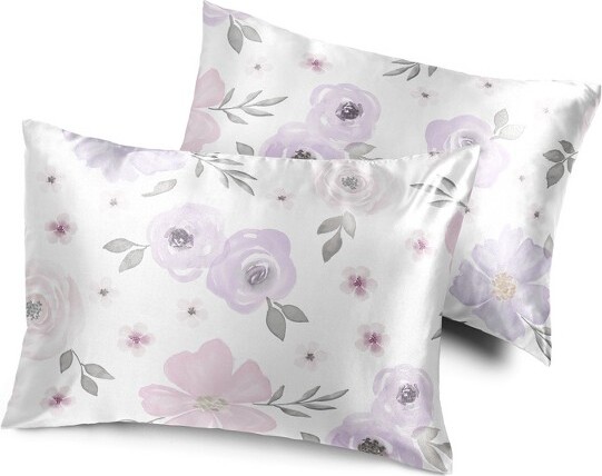 Sweet Jojo Designs SweetJojoDesignsGirlDecorativeSatinPillowcasesWatercolorFloralPurplePinkandGrey2pc