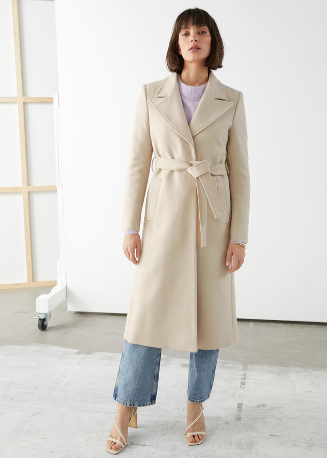 herringbone long belted coat