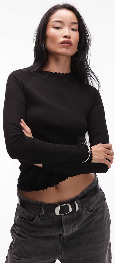 Arket high neck jersey top with crinkle hem and long sleeves in black
