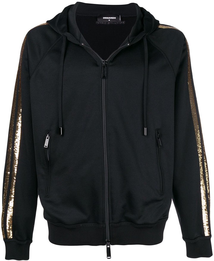 white hoodie with black stripes on sleeves