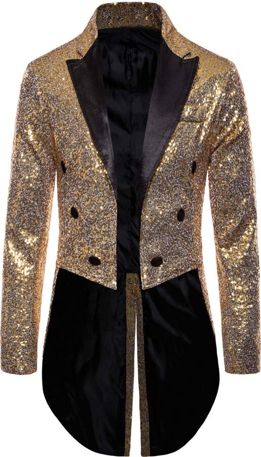 Eghunooze Mens Sequin Long Jacket Tailcoat Swallowtail Suit Gentleman