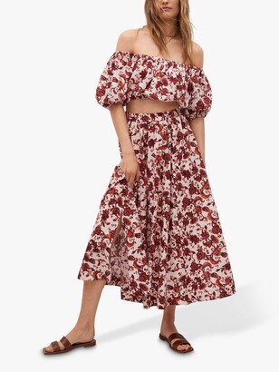 MANGO Floral Print Flared Maxi Skirt, Red