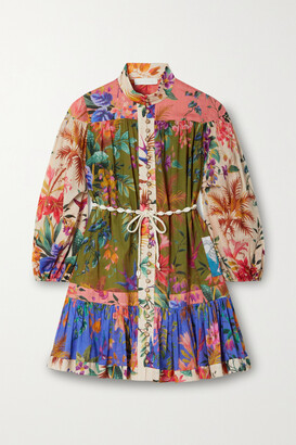 Zimmermann Tropicana Belted Patchwork Floral-print Cotton-voile Mini Dress
