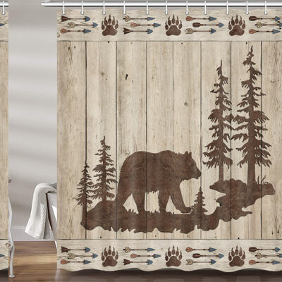 East Urban Home Wild Bear Forest Shower Curtain Set - Rustic Cabin Bath Decor with Wooden Board Fabric 12 Hooks Includedes
