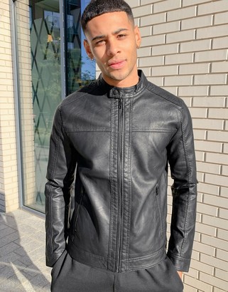Jack and Jones Essentials faux leather biker jacket in black - ShopStyle
