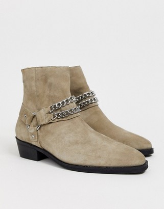 ASOS DESIGN cuban heel western chelsea boots in stone suede with buckle and chain detail