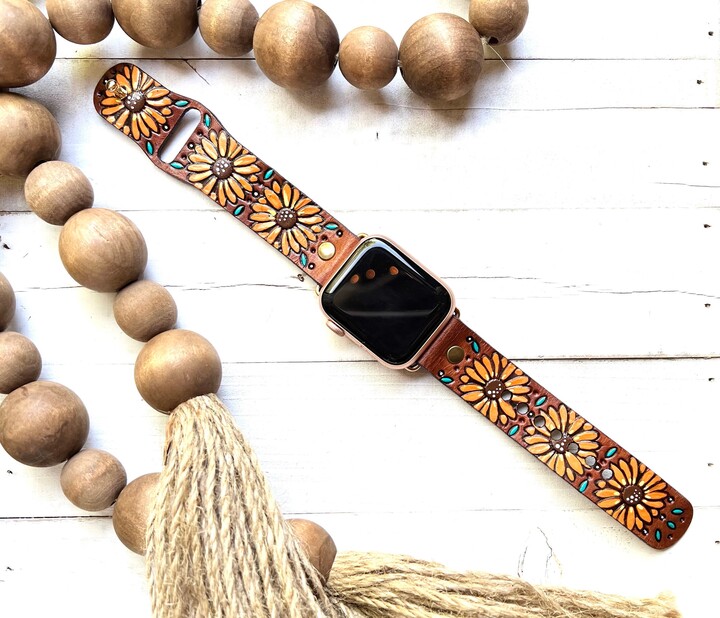 Sunflowers Leather Smart Watch Band/Boho/Flowers Leather Band Tooled & Stamped/ Genuine Band/ Free Spirit /Apple