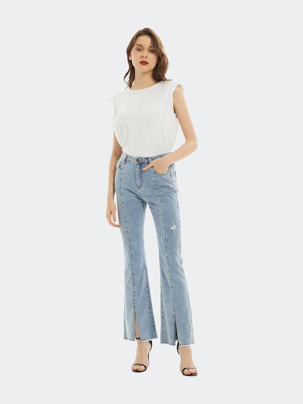 Anna-Kaci High Waist Distressed Slit Denim Jeans Long Pants With Pockets -  Light Denim (Blue) - ShopStyle