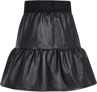 River Island Girls Black faux leather tiered skirt