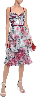 Marchesa Notte Tiered twist-front floral-print organza dress