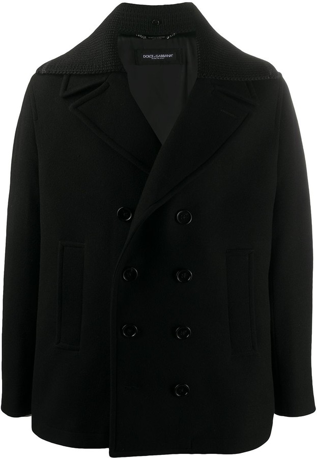 Mens Double-Breasted Wool Blend Peacoat Classic Notched Collar with Removable Bib 