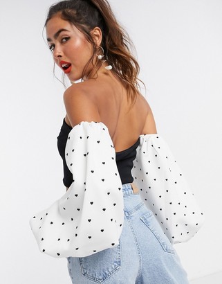 True Violet exclusive off shoulder sweetheart top in black with contrast polka heart balloon sleeve