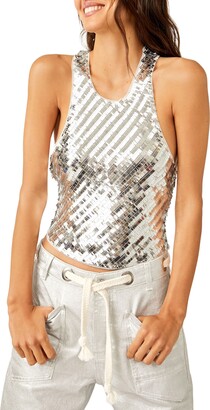 Women Sheer Mesh Shiny Sleeveless T-Shirt Cover Up Transparent Sparkly  Glitter Club Crop Tank Top Blouses