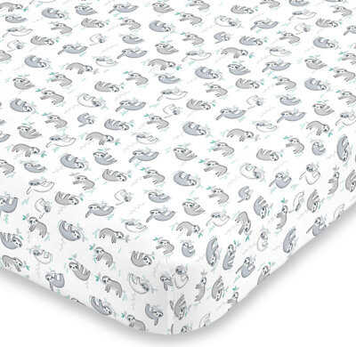 NoJo Super Soft Grey, White and Aqua Hagerty Sloth Fitted Crib Sheet