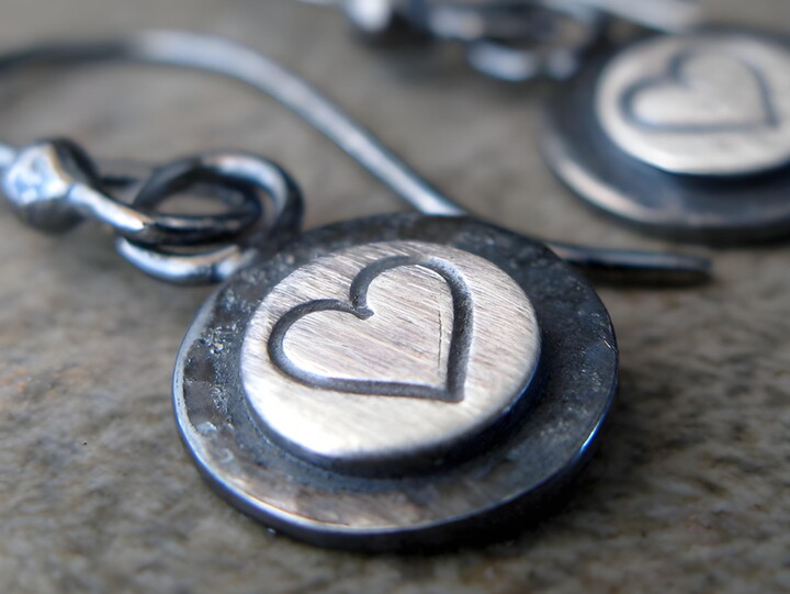 Etsy Dainty Rustic Heart Dangle Drop Earrings Handmade in Oxidized Sterling Silver