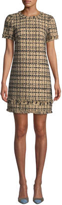 Kate Spade Bicolor Tweed Crewneck Short-Sleeve Mini Dress w/ Fringe Trim