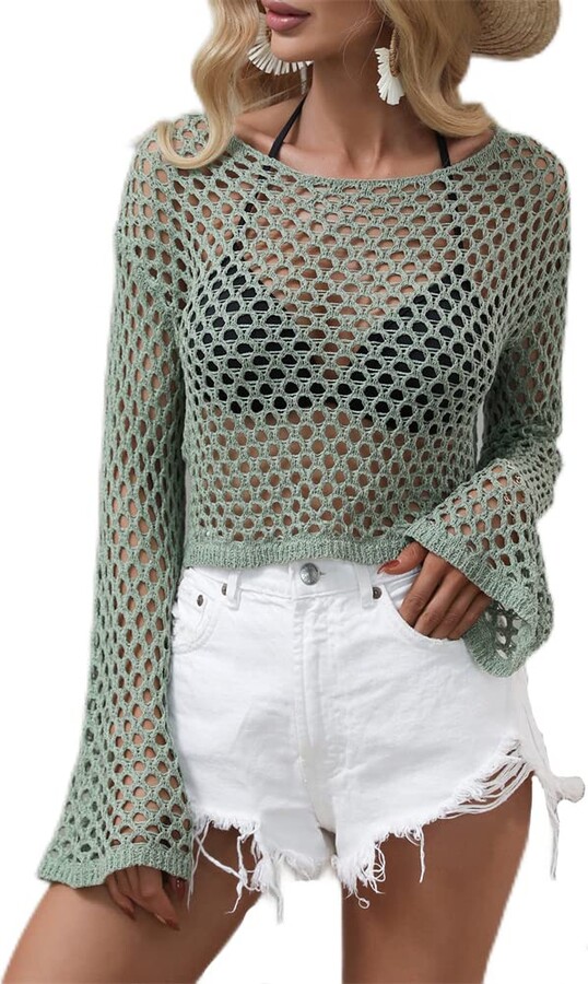 KEOMUD Women Mesh Crochet Crop Top Long Sleeve Hollow Out Knit Sweater