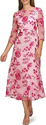 JS Collections Nadine Illusion V-Neck 34 Sleeves Floral Embroidered Mesh A-Line Tea Length Dress