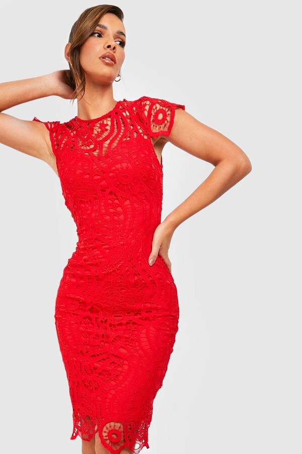 red lace bodycon midi dress