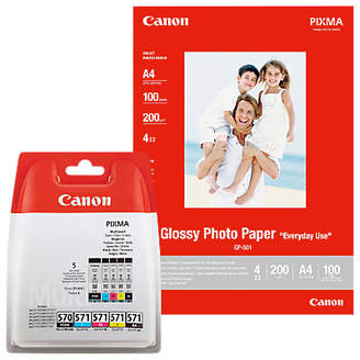 Canon PGI-570/CLI-571 Cyan, Magenta, Yellow, Pigment Black & Black Ink Cartridge Multipack, Pack of 5 with GP-501 Glossy Photo Paper, 10 x 15cm, 10 Sheets