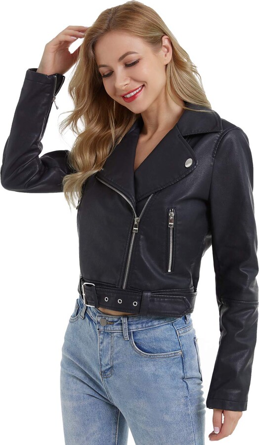 ZAKASA Womens Ladies Slim Tailoring PU Faux Leather Jacket Short Biker Jacket Coat Black 
