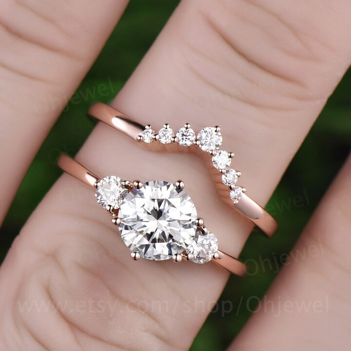 Etsy Three Stone Moissanite Engagement Ring Set Rose Gold 14K/18K Wedding Band Unique Promise
