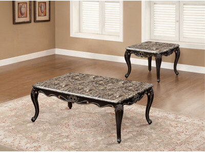Bloomsbury Market Transitional Style 1X Coffee Table 1X End Table Marble Top Curved Detail Dark Walnut Primary Living Room 2Pc Coffee Table Set