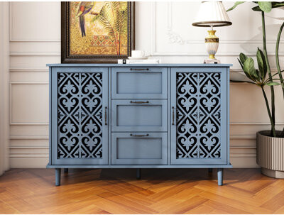 Latitude Run Blue 2 Door 3 Drawer Cabinet - American Furniture With Symmetrical Pattern Door Solid Wood Feet And Smooth Switching Home Storage Black Metal Handle
