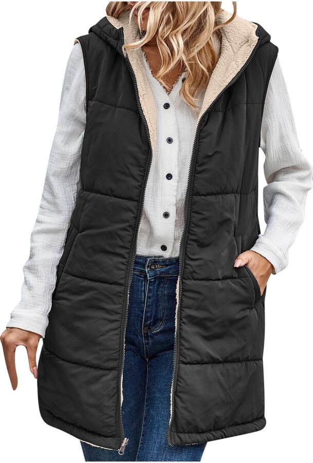 vinTIAN Long Puffer Vests For Women 2023 Winter Quilted Warm Fleece