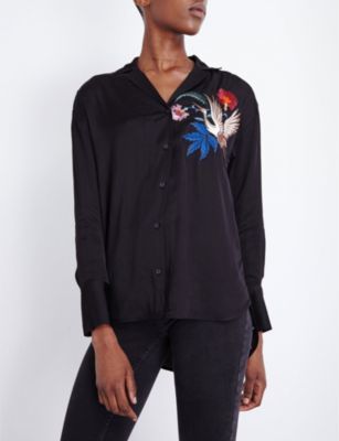 Sandro Hoxton bird embroidered satin shirt