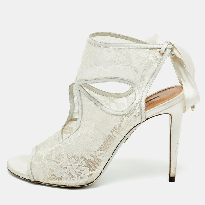 Aquazzura White Lace and Satin Sexy Thing Bridal Cut Out Ankle Wrap Sandals Size 40.5