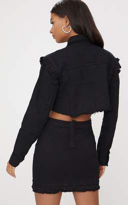 PrettyLittleThing Black Ruffle Cropped Denim Jacket