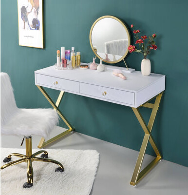 Mercer41 Coleen White & Gold Finish Vanity Desk W/Mirror & Jewelry Tray