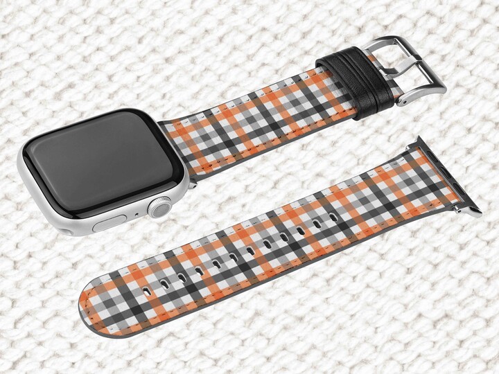 Plaid Halloween Watch Band, Autumn Apple Custom Leather Engraved Smart Fall Iwatch Band Strap, 38mm 42mm, Mom Gift